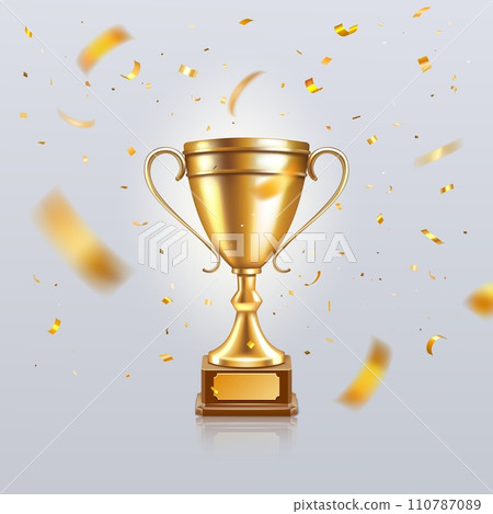 Trophy award. Champion winner cup, 3d gold soccer victory prize, tournament win golden confetti. Victory goblet. Championship success symbol. Isolated element. Vector realistic reward Trophy award. Champion winner cup, 3d gold soccer victory prize, tournament win golden confetti. Victory goblet. Championship success symbol. Isolated element. Vector realistic reward 110787089
