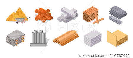 House materials. Building site. Brick blocks. Wood board and timber. Sand heap. Iron and cement pile. Metal pipe. Concrete for road repair. Industrial construction. Vector cartoon icons set House materials. Building site. Brick blocks. Wood board and timber. Sand heap. Iron and cement pile. Metal pipe. Concrete for road repair. Industrial construction. Vector cartoon icons set 110787091