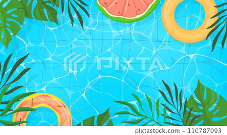 Summer pool. Fun swim background water for summertime party invite or sale, pink tubes float on waves, green tropical leaves. Watermelon and donut rings. Copy space. Vector illustration 110787093