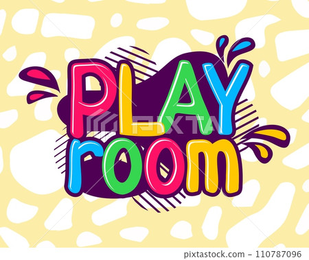 Play room logo. Kids zone lettering. Children entertainment area. Fun activity playground sticker. Colorful isolated badge with bright text. playroom sign. Vector cartoon flat illustration Play room logo. Kids zone lettering. Children entertainment area. Fun activity playground sticker. Colorful isolated badge with bright text. playroom sign. Vector cartoon flat illustration 110787096