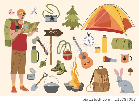 Hiking. Camping equipment for adventures, smartphone backpack and tent for forest walking. Man hold map. Summer travel recreation tools. Cartoon flat isolated vector drawing set Hiking. Camping equipment for adventures, smartphone backpack and tent for forest walking. Man hold map. Summer travel recreation tools. Cartoon flat isolated vector drawing set 110787098