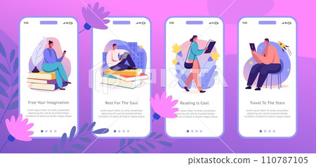 Study app. Mobile interface. People read books using smartphone. E-book phone application technology. Student with literature. Social media page screen. Vector UI design templates set 110787105
