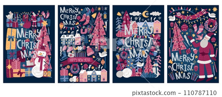 New year cards. Merry Christmas pattern with winter tree and happy doodle animals, Santa Claus and snow man, abstract ornaments. Holidays banners or greeting posters set. Vector illustration 110787110