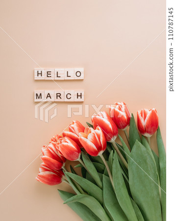 Hello march concept. Aesthetic background for beginning of spring. Hello march text and bunch of red tulip on beige champagne background. Top view or flat lay. Vertical Hello march concept. Aesthetic background for beginning of spring. Hello march text and bunch of red tulip on beige champagne background. Top view or flat lay. Vertical 110787145