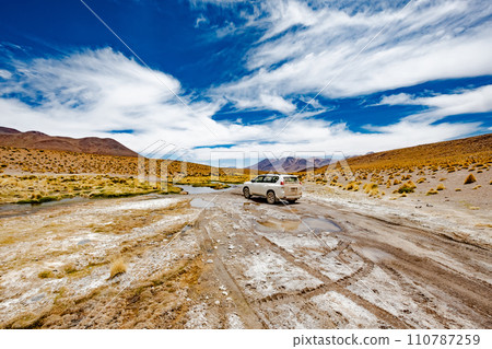 White car in Bolivian desert 110787259