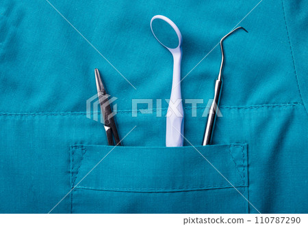 Closeup of dental tools in pocket Closeup of dental tools in pocket 110787290