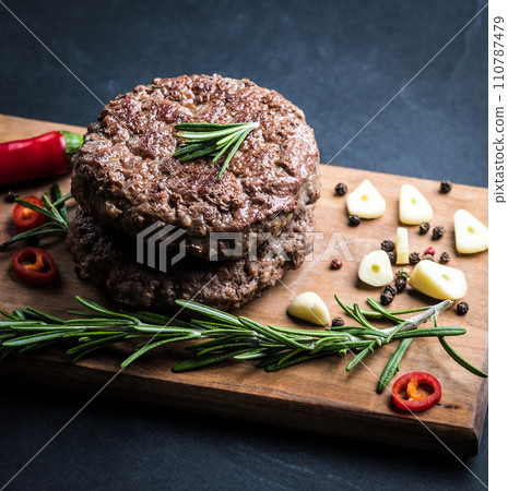 Top view of delicious beef burger Top view of delicious beef burger 110787479
