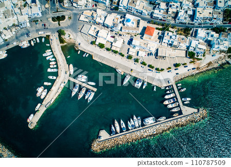 Aerial view of Greek style white houses in Naoussa, Greece Aerial view of Greek style white houses in Naoussa, Greece 110787509