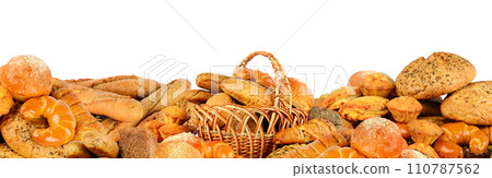 Wide collage freshly baked bread items isolated on white 110787562