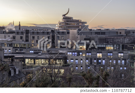 Aerial view of St James Quarter shopping centre at sunset in Edinburgh. 110787712