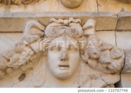 Sculpted Greek mask recovered from the ruins of the theater of Aphrodisias ancient city Aydin, Turkey Sculpted Greek mask recovered from the ruins of the theater of Aphrodisias ancient city Aydin, Turkey 110787746