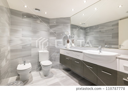 Bathroom with bidet toilet and washbasin under large mirror Bathroom with bidet toilet and washbasin under large mirror 110787778