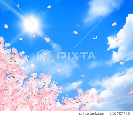 Frame background material illustration of beautiful and gorgeous cherry blossom flowers and clouds shining into the refreshing blue sky of spring with falling petals 110787790