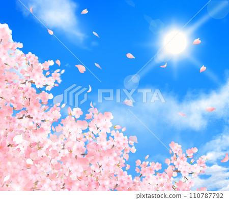 Frame background material illustration of beautiful and gorgeous cherry blossom flowers and clouds in the refreshing blue sky of spring with falling petals 110787792