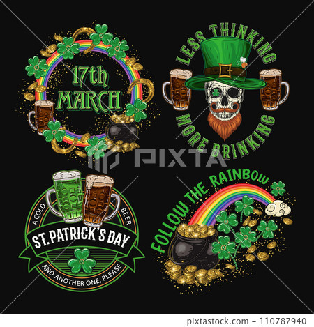 St Patricks Day Labels with holiday objects, text on black background. Skull, beer, shamrock, rainbow. For clothing, apparel, T-shirts, holiday stuff, goods decoration. Vintage style illustration St Patricks Day Labels with holiday objects, text on black background. Skull, beer, shamrock, rainbow. For clothing, apparel, T-shirts, holiday stuff, goods decoration. Vintage style illustration 110787940