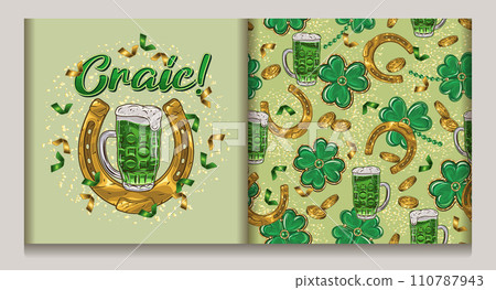 St Patricks day seamless pattern, label with clover, lucky 4 shamrock leaves, golden horseshoe amulet, scattered coins, confetti, glasses of green beer Vintage illustration on light green background 110787943