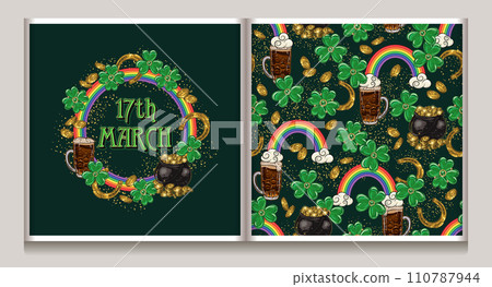 Circular St Patricks Day label, pattern with pot full of gold treasures, golden horseshoes, green clover leaves, rainbow, glass of dark beer, golden dust. Vintage style 110787944