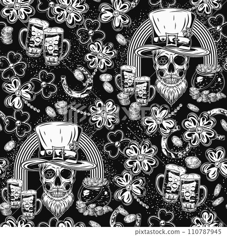 St Patricks Day black and white pattern with scattered shamrock leaves, coins, pot full of gold treasures, horseshoes, rainbow arc on black background. Vintage style 110787945