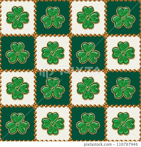Geometric checkered plaid St Patricks day pattern with clover, shamrock like jewelry pendants made of green enamel in golden frame. Classic square grid. Geometric checkered plaid St Patricks day pattern with clover, shamrock like jewelry pendants made of green enamel in golden frame. Classic square grid. 110787948