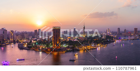 Cairo downtown panorama, Nile and the skyscrappers at night, Egypt 110787961