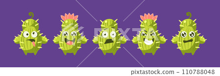 Funny Green Prickly Cactus Character Show Emotion Vector Set 110788048