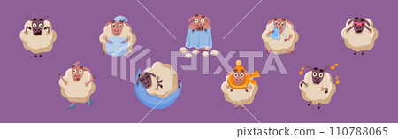 Funny Sheep Character in Different Action on Purple Background Vector Set 110788065