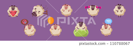 Funny Sheep Character in Different Action on Purple Background Vector Set 110788067