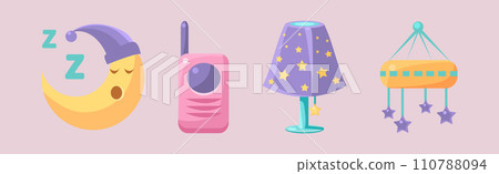 Baby Bedroom and Bedtime Object and Elements Vector Set 110788094