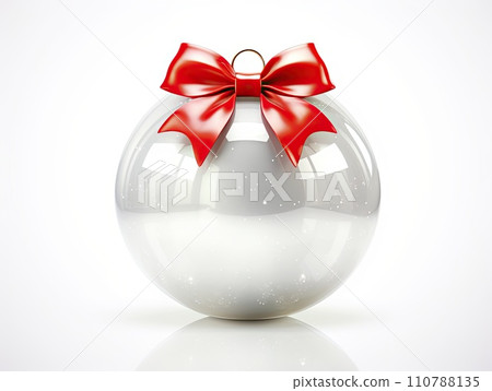 AI-generated content. White round isolated Christmas ball with red satin bow.  110788135