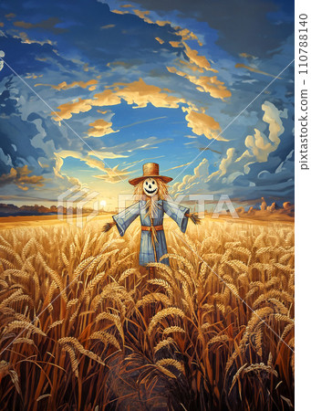 Illustration of a scarecrow in a wheat field 110788140