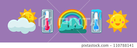 Thermometer, Cloud and Sun Character as Weather and Meteorology Element Vector Set 110788141