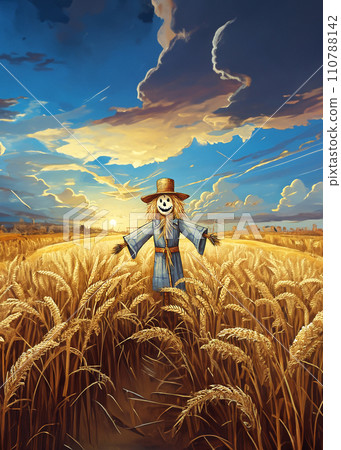 Illustration of a scarecrow in a wheat field 110788142