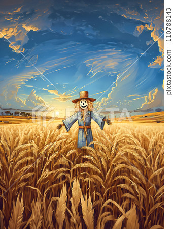 Illustration of a scarecrow in a wheat field 110788143