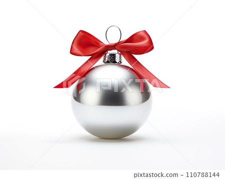 AI-generated content. White round isolated Christmas ball with red satin bow.  110788144