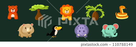 Safari Trip with Tiger, Tree, Lion, Snake, Toucan, Hippo and Elephant Vector Set Safari Trip with Tiger, Tree, Lion, Snake, Toucan, Hippo and Elephant Vector Set 110788149