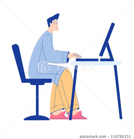 Chemistry with Man Scientist Character Sitting with Computer at Desk Vector Illustration 110788152