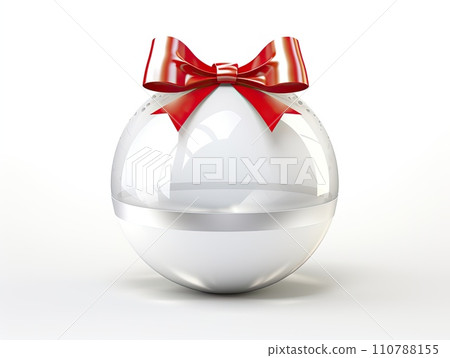 AI-generated content. White round isolated Christmas ball with red satin bow. AI-generated content. White round isolated Christmas ball with red satin bow. 110788155