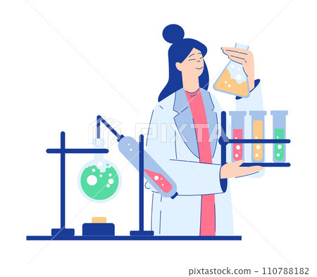 Chemistry with Woman Scientist Character with Glass Flask and Tube Vector Illustration Chemistry with Woman Scientist Character with Glass Flask and Tube Vector Illustration 110788182