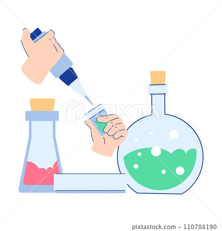 Chemistry with Hand Pouring and Mixing Substance in Glass Flask Vector Illustration Chemistry with Hand Pouring and Mixing Substance in Glass Flask Vector Illustration 110788190