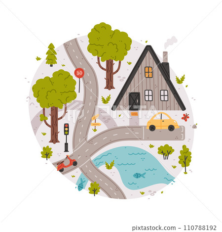 Naive City Map with Cartoon Road, Car and House Vector Illustration 110788192