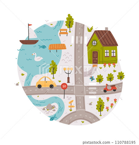 Naive City Map with Cartoon Road, Car and House Vector Illustration 110788195