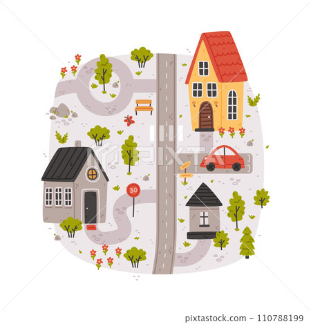 Naive City Map with Cartoon Road, Car and House Vector Illustration 110788199