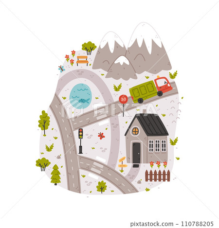 Naive City Map with Cartoon Road, Car and House Vector Illustration Naive City Map with Cartoon Road, Car and House Vector Illustration 110788205