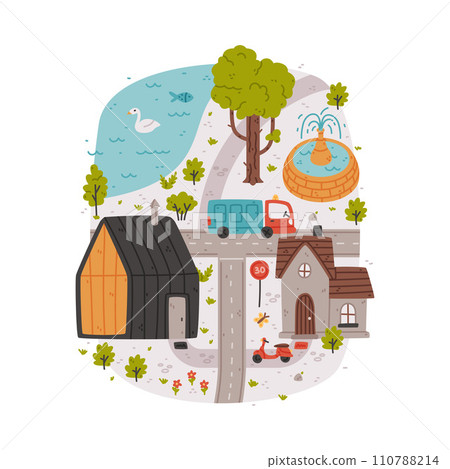 Naive City Map with Cartoon Road, Car and House Vector Illustration 110788214