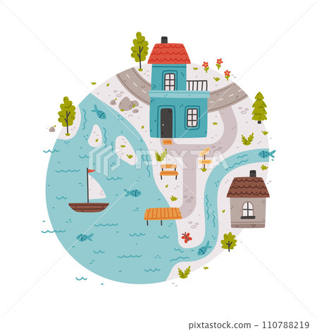 Naive City Map with Cartoon Road, Boat and House Vector Illustration Naive City Map with Cartoon Road, Boat and House Vector Illustration 110788219