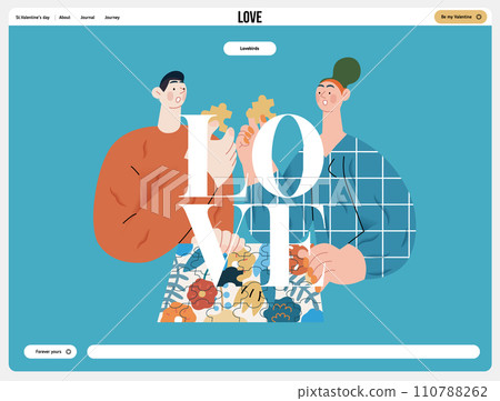 Valentine: Unexpected Match -modern flat vector concept illustration of a couple with duplicate puzzle pieces, a twist in their completion. Metaphor for life's surprising coincidences in relationships 110788262