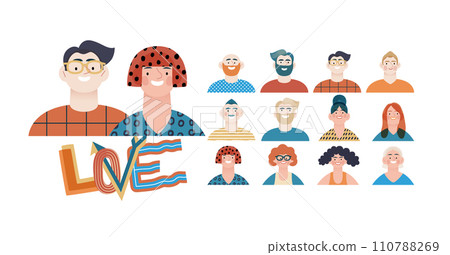 Valentine: Spectrum of Love - modern flat vector concept illustration of a vibrant array of individual portraits celebrating love's diverse expressions. Metaphor for the universal language of love Valentine: Spectrum of Love - modern flat vector concept illustration of a vibrant array of individual portraits celebrating love's diverse expressions. Metaphor for the universal language of love 110788269