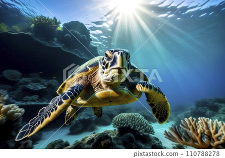 Sea turtle with a group of colorful corals underwater in the ocean, underwater world in the ocean. Sea turtle with a group of colorful corals underwater in the ocean, underwater world in the ocean. 110788278
