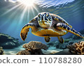 Sea turtle swimming in the ocean among colorful coral reef. Underwater world. Beautiful underwater world.  110788280