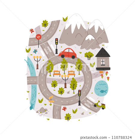 Naive City Map with Cartoon Road, Car and House Vector Illustration Naive City Map with Cartoon Road, Car and House Vector Illustration 110788324